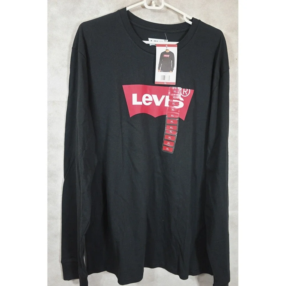 Levis Mens Long Sleeve Graphic Tee Black Batwing Logo Cotton T-Shirt XL